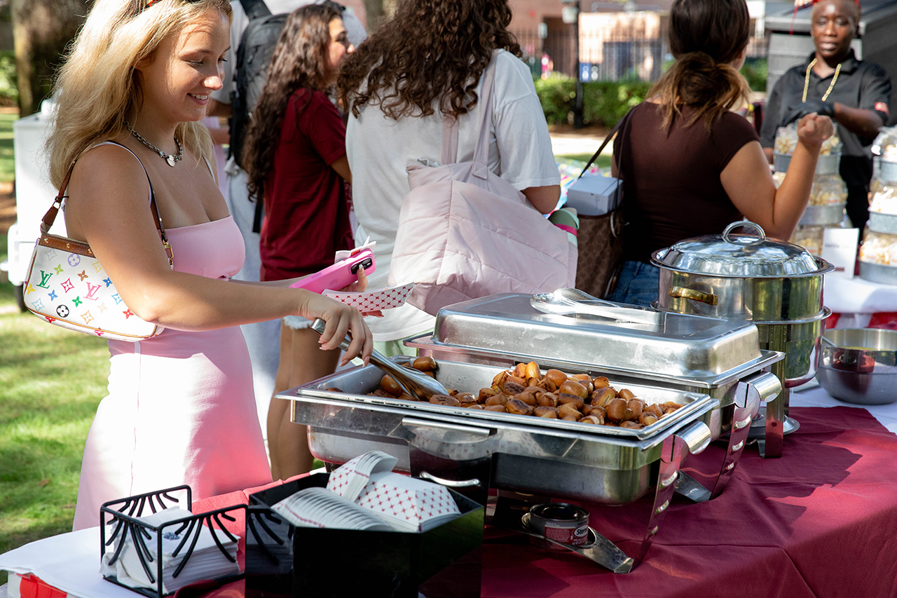 A person in a pink dress serves food from a buffet table at an outdoor event.