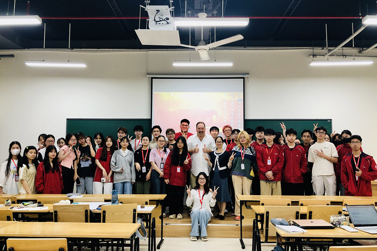 Professor Shedlock standing with undergraduate students who attended his guest lecture in the Department of Bioengineering at the Hanoi University of Science and Technology School of Chemistry and Life Sciences, Hanoi, Vietnam, during his 2025 College of Charleston sabbatical based at the Department of Biological Sciences, Graduate School of Bioscience and Biotechnology, Institute of Science Tokyo, Japan. Photo Credit: Nguyễn Thanh Hoà, April 13, 2025, Hanoi, Vietnam