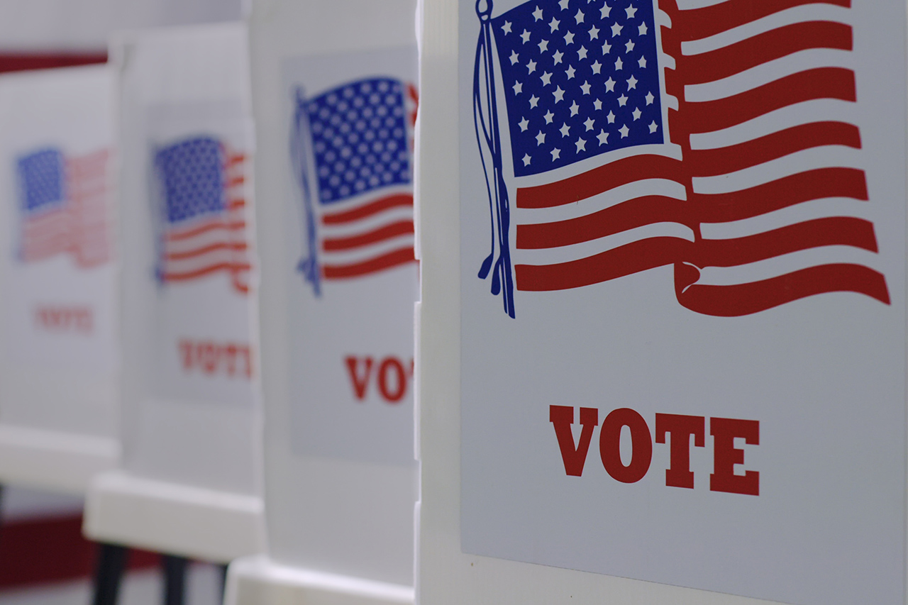 CU straight on row of voting booths at polling station